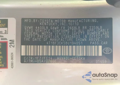 2011 Toyota Camry Se z USA, uszkodzony, nr VIN 4T1BF3EK5BU194051